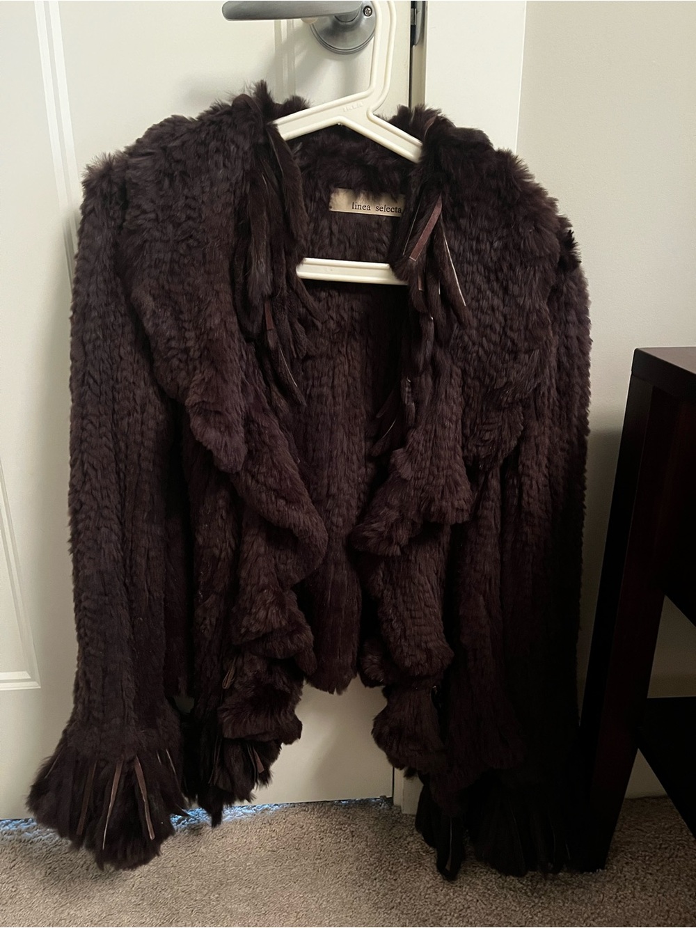 Women’s Dark Brown Authentic Rabbit Knit Ruffled Cardigan/ Jacket